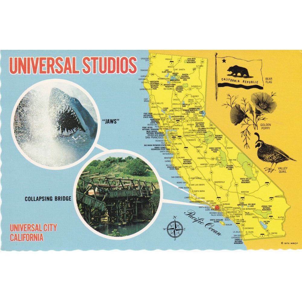 1976 Universal Studios Jaws Postcard California Map Retro Hollywood Roadside